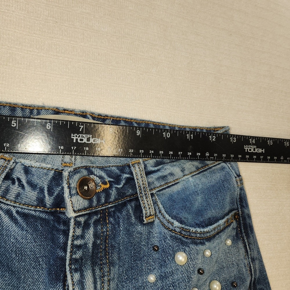 Zara‎ Basic Z1975 Distressed Pearl Embellished Straight Leg Jeans Blue Womens 00 - Picture 7 of 11